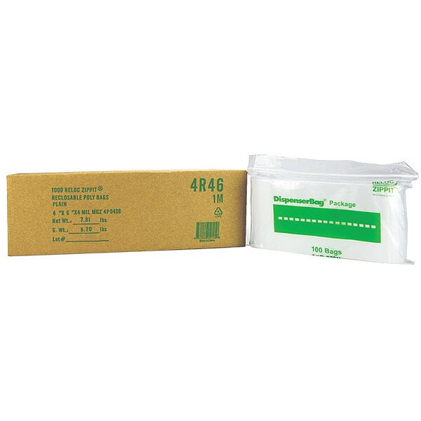 Reclosable Bag, Zip Seal, 6 in L, 4 in W, 4 mil Thick, Polyethylene, Clear