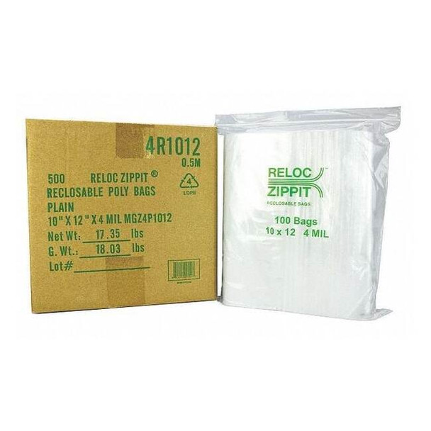 Reclosable Bag, Zip Seal, 12 in L, 10 in W, 4 mil Thick, Polyethylene, Clear