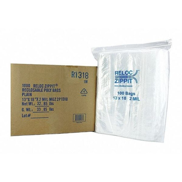 Reclosable Bag, Zip Seal, 18 in L, 13 in W, 2 mil Thick, Polyethylene, Clear