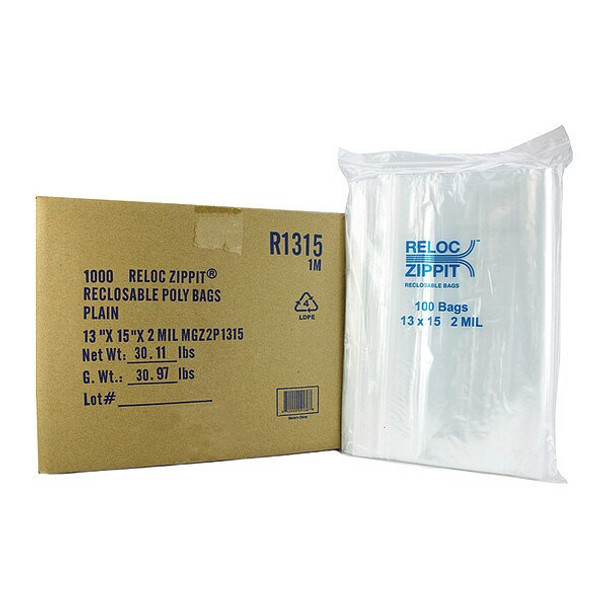Reclosable Bag, Zip Seal, 15 in L, 13 in W, 2 mil Thick, Polyethylene, Clear