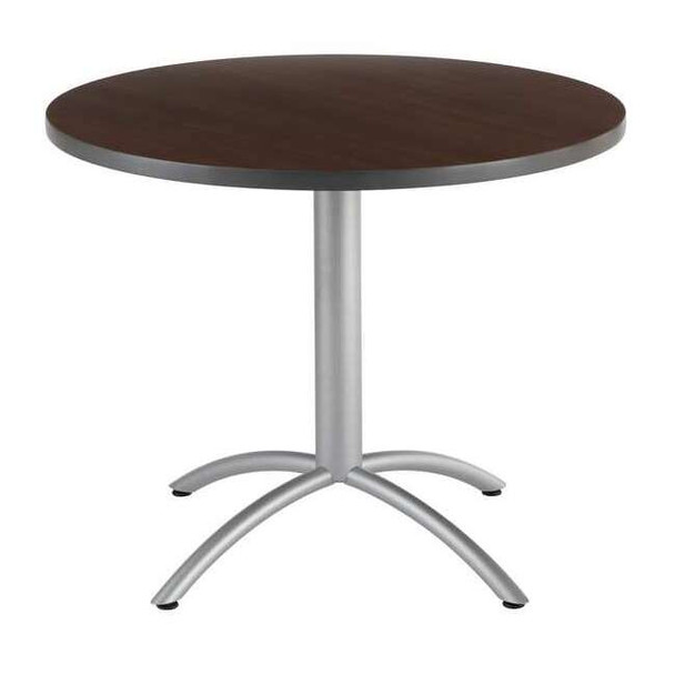 CafeWorks Cafe/Breakroom Table, Walnut Top, Silver Frame, 36 in Dia x 30 in H