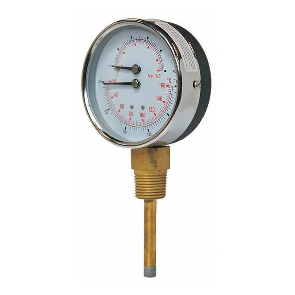 Round Boiler Gauge, 0 to 100 psi, 1/2 in MNPT, Steel, Silver
