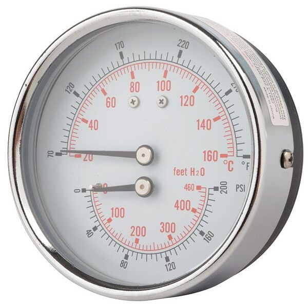 Round Boiler Gauge, 0 to 200 psi, 1/2 in MNPT, Steel, Silver