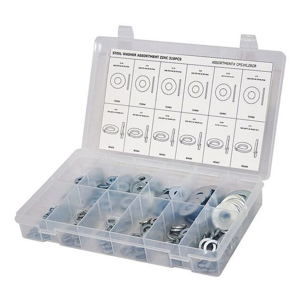 Washer Assortment, ,Steel Zinc Plated Finish, 310 PCS