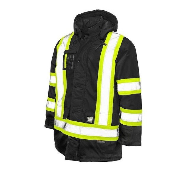 Men's Hi-Vis Safety Parka, 300D Poly Oxford with PU Coating, Black, Xl