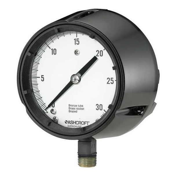 Process Pressure Gauge, 0 to 30 psi, 4 1/2 in Dial, 1/2 in NPT, Bottom Location