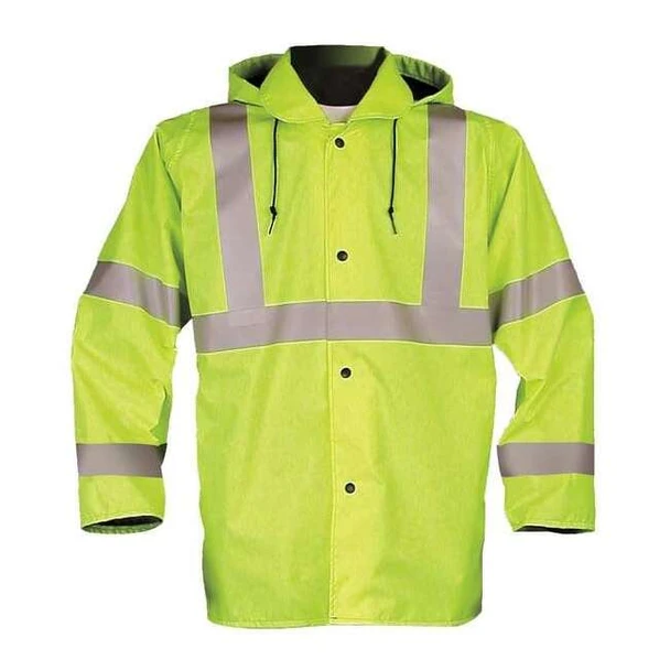 Breathable Rain Jacket with Hood, Polyurethane, Class 2 Yellow/Green, XL