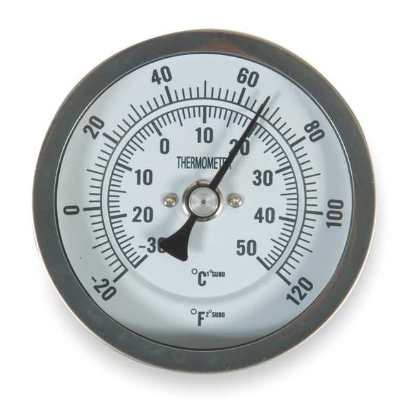 Bimetal Thermom, 5 In Dial, -20 to 120F, Stem Length: 4 in