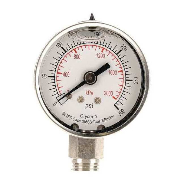 Commercial Pressure Gauge, 0 to 300 psi, 2 in Dial, 1/4 in NPT, Bottom Location