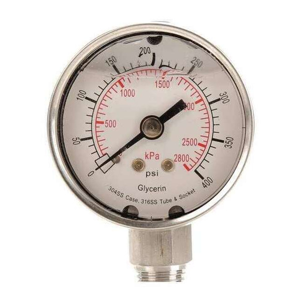 Commercial Pressure Gauge, 0 to 400 psi, 2 in Dial, 1/4 in NPT, Bottom Location