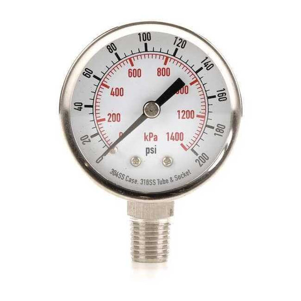 Commercial Pressure Gauge, 0 to 200 psi, 2 in Dial, 1/4 in NPT, Bottom Location
