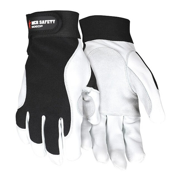 906DP Mechanics Gloves, Goatskin Palm, Nylon, Spandex Back, L, Black/White