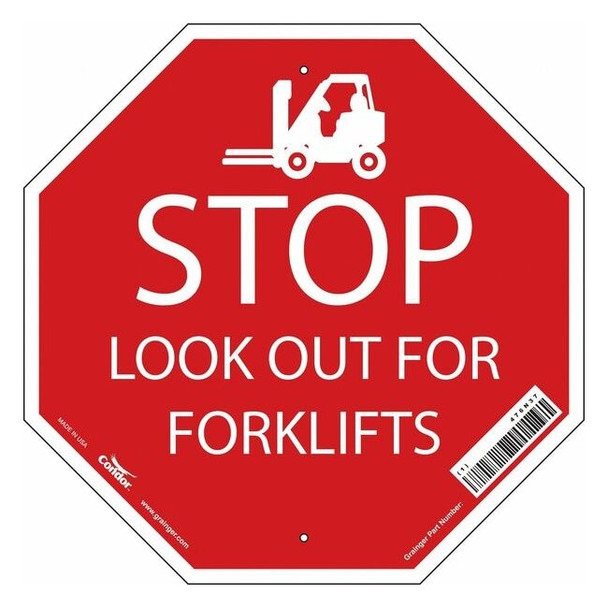 No Header, Stop Look Out For Forklifts, 18" W x 18" H, Octagon, Aluminum