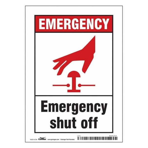 EMERGENCY SHUT OFF, 5 in W x 7 in H, Vertical Rectangle, Vinyl, 469J97