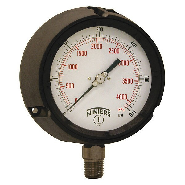 Process Pressure Gauge, 0 to 600 psi, 4 1/2 in Dial, 1/2 in NPT, Bottom Location