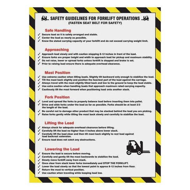 Poster, Safety Guidelines For Forklift Operations, 22 in H x, 17 in W, Plastic