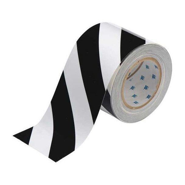 Floor Marking Tape, Polyester, No Legend, Black, White, 4 in W., 8 mil Thickness