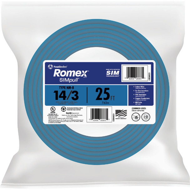 Romex 25 Ft. 14/3 Solid Blue NMW/G Electrical Wire 63946921