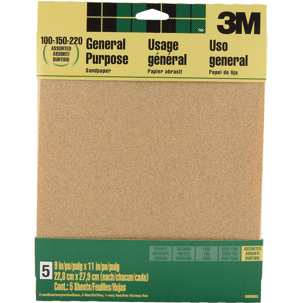 3M 9 In. x 11 In. General Purpose Sandpaper, Assorted Grit (5-Pack) 9005NA