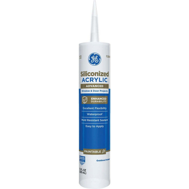 GE Siliconized Acrylic Advanced Window & Door Sealant, Clear, 10 Oz. Cartridge