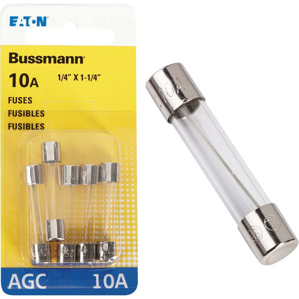 Bussmann 10A 250V AGC Glass Tube Automotive Fuse (5-Pack) BP/AGC-10-RP