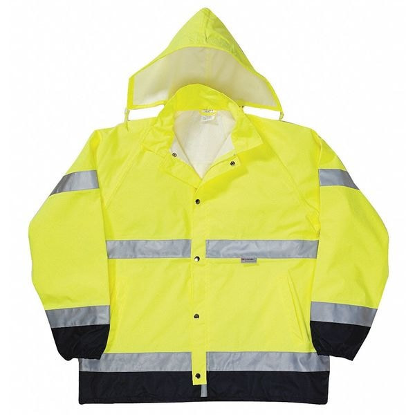 Rain Jacket with Zip Rollaway Hood, Polyester, Class 3 R, Yellow, 2XL