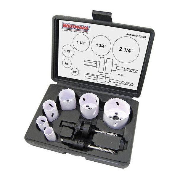 Westward Hole Saw Kit,8pcs,Sizes:0.75"-2.25" 12G708