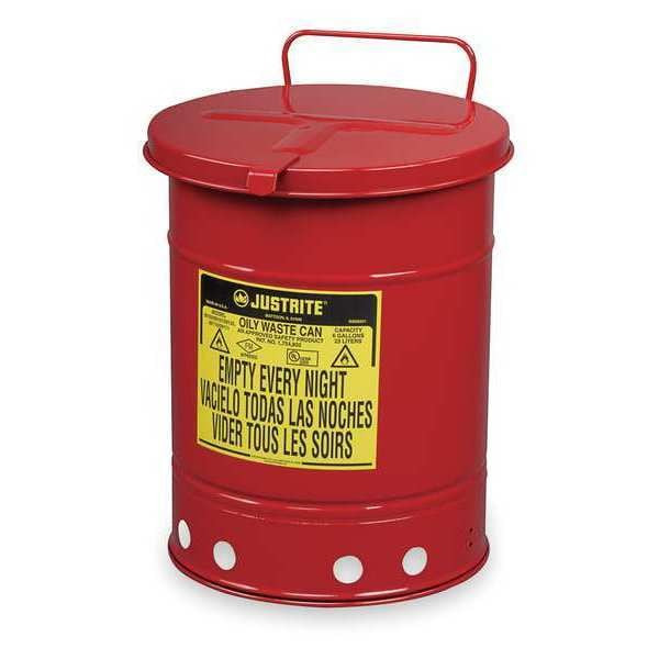 Oily Waste Can, 10 gal, Red, Steel, 18 1/4 in Height, Hand Operated Self-Closing