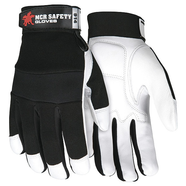 914 Mechanics Gloves, Goatskin Palm, Spandex Back, M, Black/White