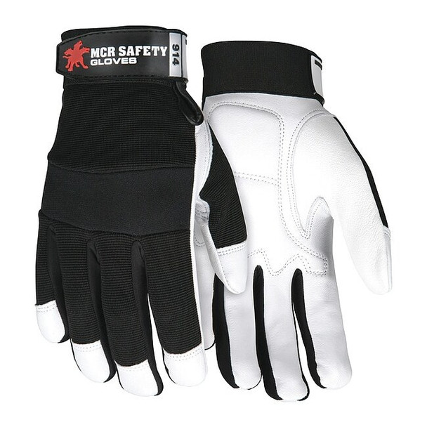 914 Mechanics Gloves, Goatskin Palm, Spandex Back, M, Black/White