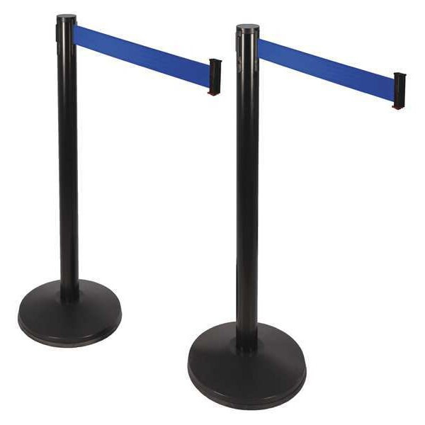 Barrier Post with Belt, Black, 10 ft Length, 40 in Post Height, No Legend, Black