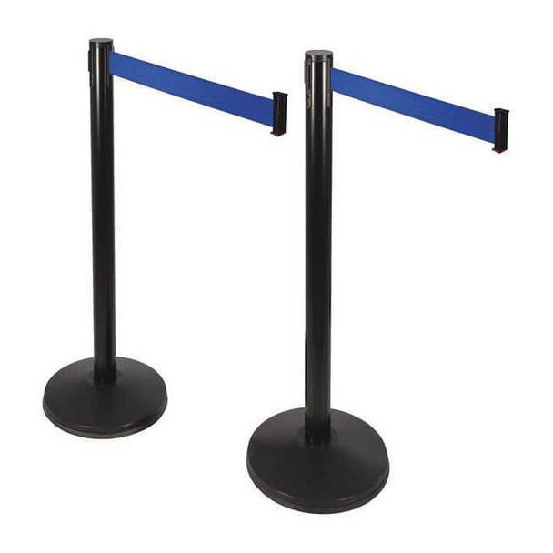 Barrier Post with Belt, Black, 10 ft Length, 40 in Post Height, No Legend, Black