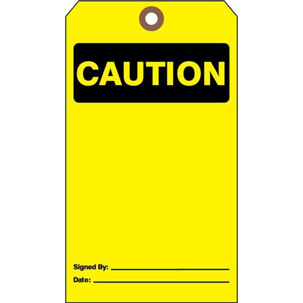 Caution Tag, Caution, Cardstock, 7 in H x 4 in W, Yellow, Rectangle, 25 PK