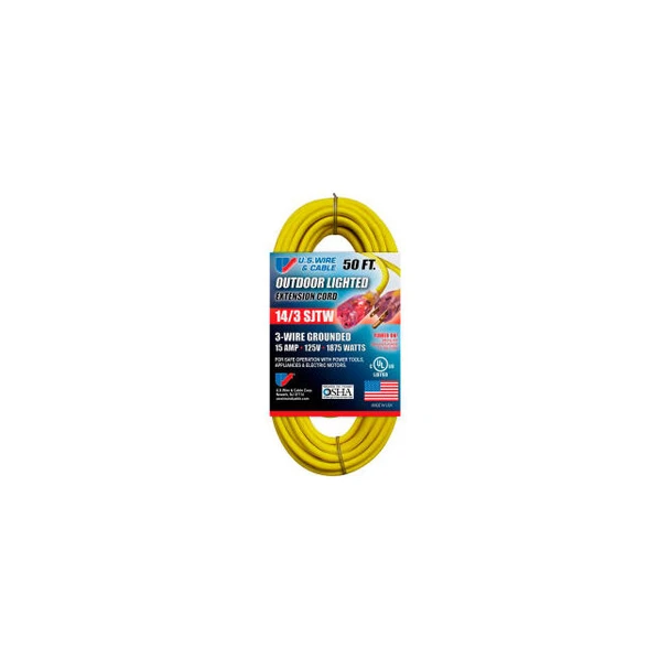 U.S. Wire 73050 50 Ft. Three Conductor Yellow Temp-Flex Lighted Plug Cord 14/3 G