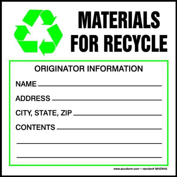 Accuform DOT Handling Label,Waste,6" W,PK250 MHZW45PSL