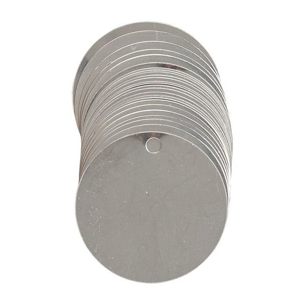 Blank Tag, Stainless Steel, 2 in H x 2 in W, 2 in Dia., Silver, Round, 25 PK
