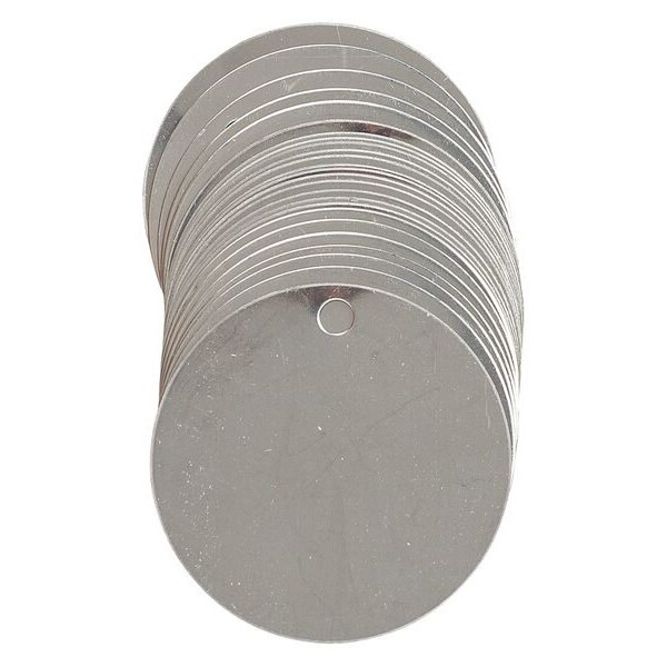 Blank Tag, Stainless Steel, 2 in H x 2 in W, 2 in Dia., Silver, Round, 25 PK