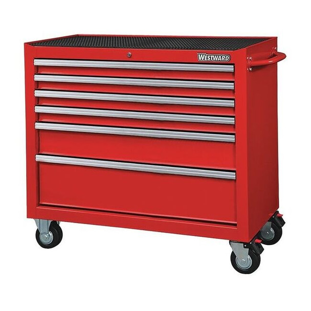WESTWARD Rolling Tool Cabinet, 6-Drawers, Gloss Red, 42" W x 19" D x 40" H