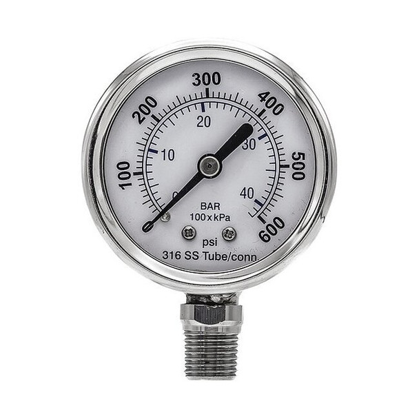 Industrial Pressure Gauge, 0 to 600 psi, 2 in Dial, 1/4 in NPT, Bottom Location