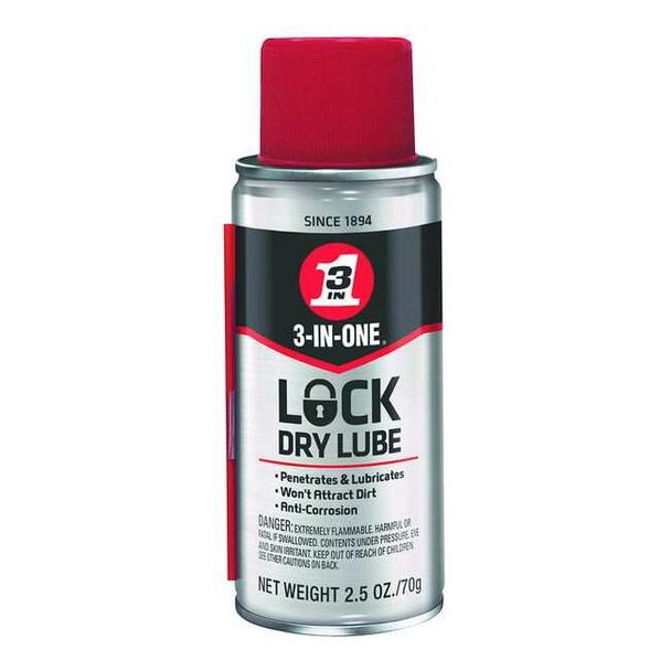 3-In-One Lock Lubricant, 2.5 oz, Aerosol Can, Mineral Oil, Colorless 120077