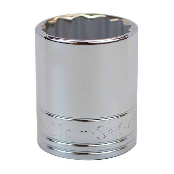 1/2 in Drive, 27mm Metric, Socket, 12 Points,  Steel, Chrome, 27 mm