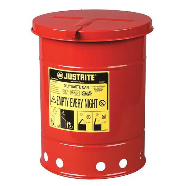 Oily Waste Can, 6 gal, Red, Steel, 15 7/8 in Height, Hand Operated Self-Closing