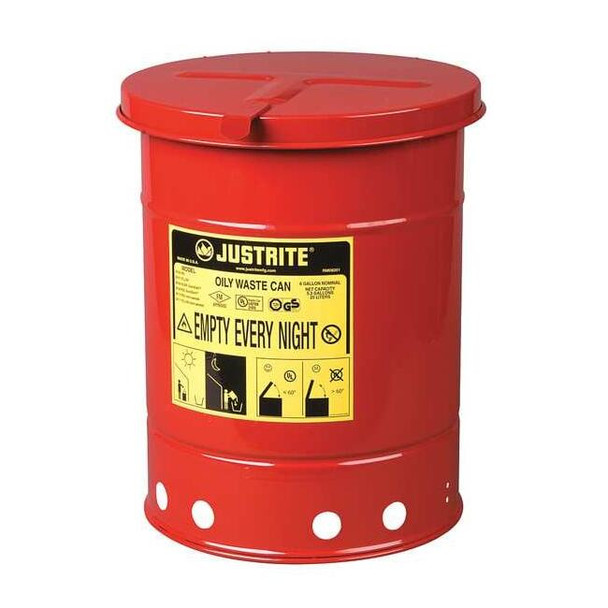 Oily Waste Can, 6 gal, Red, Steel, 15 7/8 in Height, Hand Operated Self-Closing