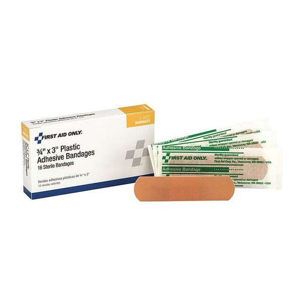 First Aid Only Strip Bandages,3"x3/4",Plastic,PK16 1-001