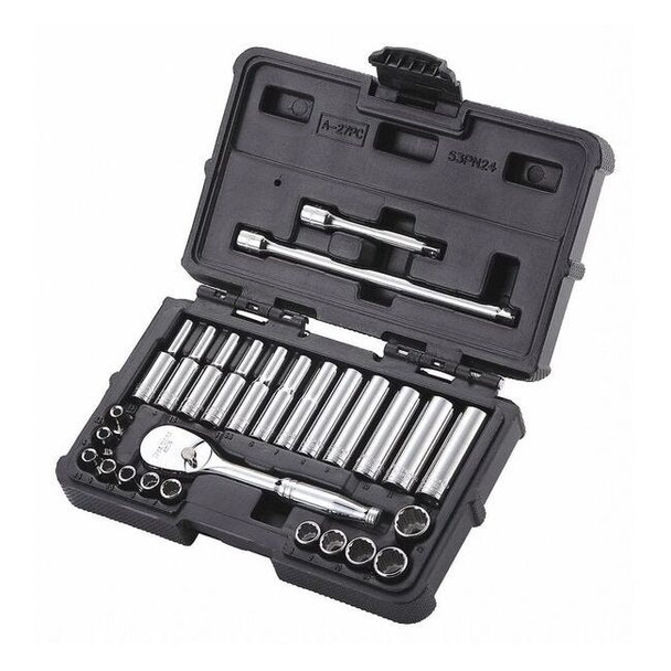 Westward 1/4" Drive Socket Set Metric 27 Pieces 3.5 mm to 12 mm , Chrome 53PN24