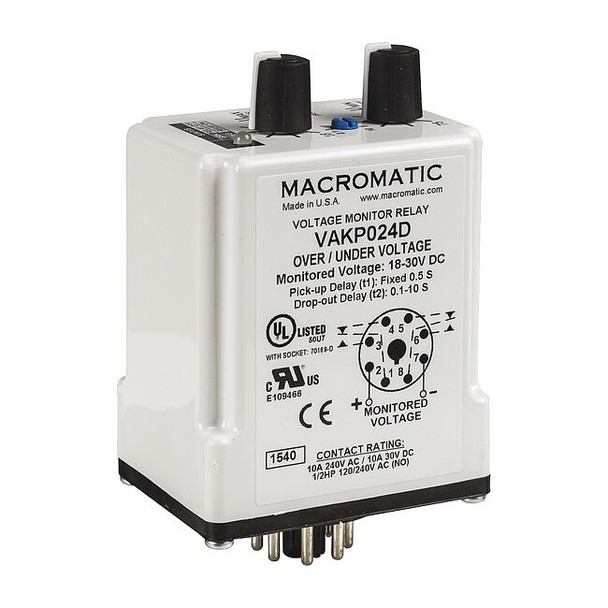 Macromatic Voltage Sensing Relay, Octal Base Type, 24V DC, 8 Pins VAKP024D