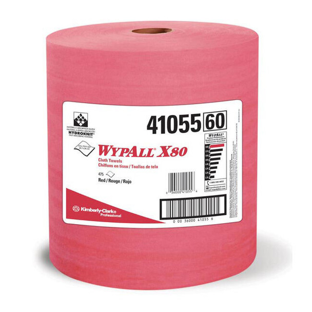 WypAll* X80 Towels, Jumbo Roll, 12 1/2" x 13 3/8", Red, 475/Roll