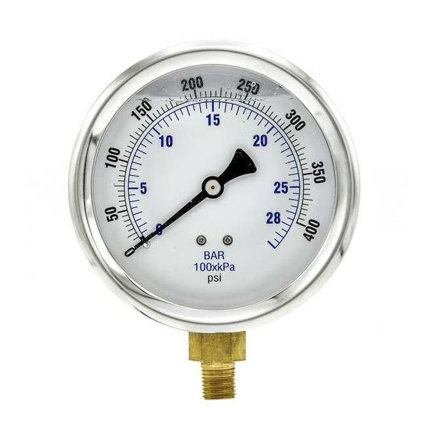 Industrial Pressure Gauge, 0 to 400 psi, 4 in Dial, 1/4 in NPT, Bottom Location