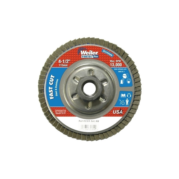Vortec Pro Abrasive Flap Discs,4.5", 40 Grit, 5/8 Arbor, 13,000 rpm, Alum Back