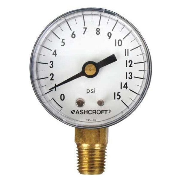 Industrial Pressure Gauge, 0 to 15 psi, 2 in Dial, 1/4 in NPT, Bottom Location